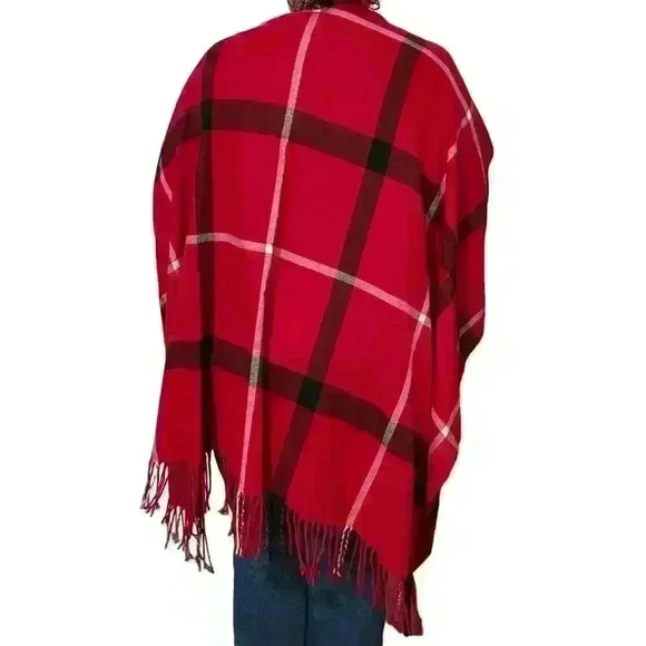Jessica McClintock Red Plaid Fringe Wrap Shawl Open Front Cardigan One Size - Picture 4 of 8